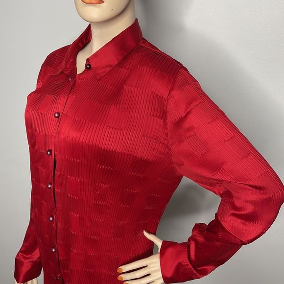 Red Silky Textured Long Sleeve Button Shirt - Picture 3 of 16